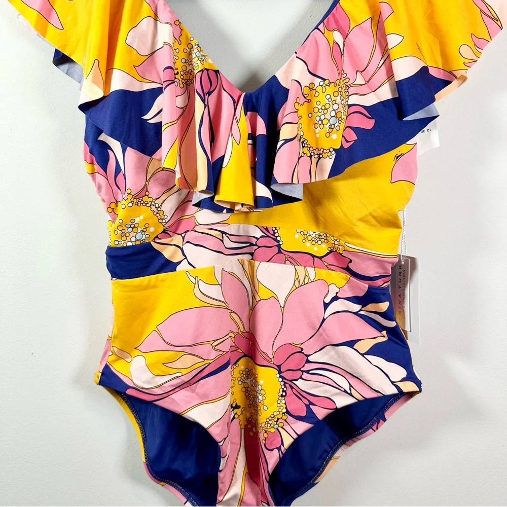 Trina Turk Breeze Ruffle Plunge One-Piece Swimsuit, Retro Multi-Color NWT - Picture 9 of 15